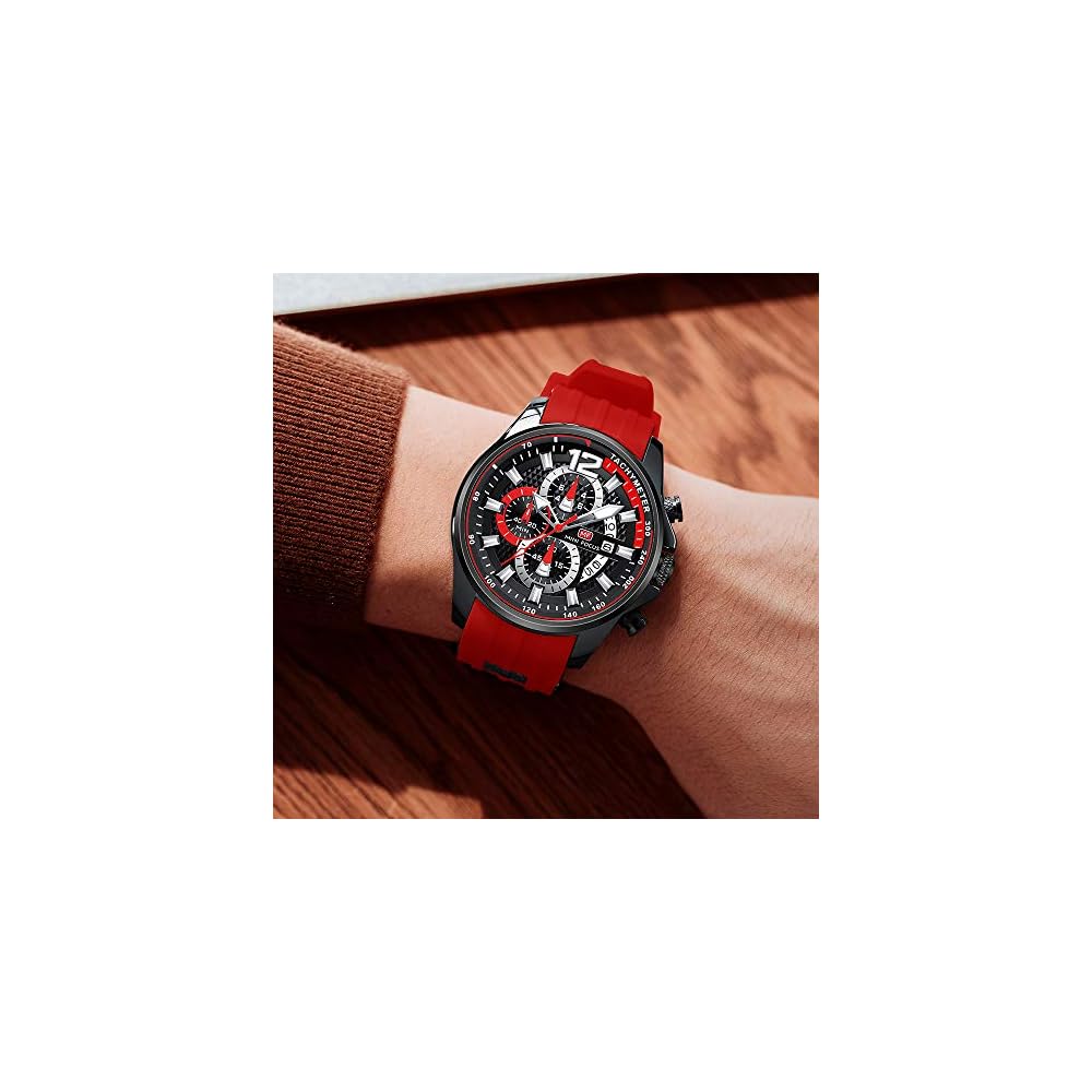 Men's Analog Quartz Watch with Date Function, Silicone Strap, 3ATM Waterproof, Casual Style Red