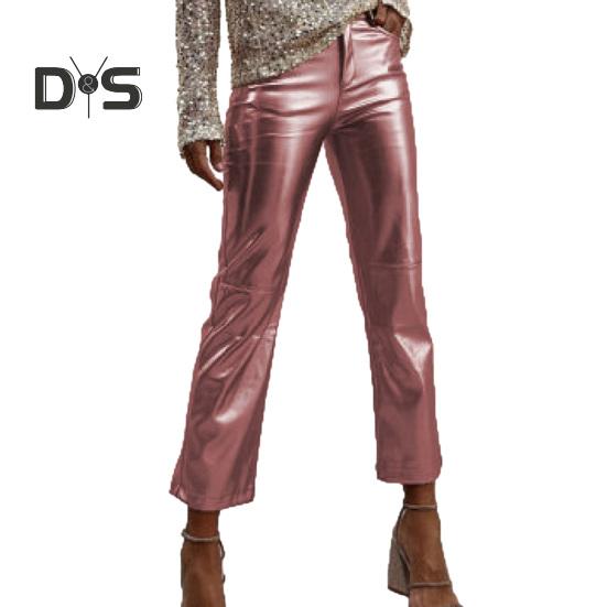 

Жіночі штани Slim Fit Глянцева гладка поверхня Штучна шкіра Кишені середньої талії Блискавка Кнопка Застібка М’які дихаючі Клубні вечірні жіночі дев’яті штани M рожевий