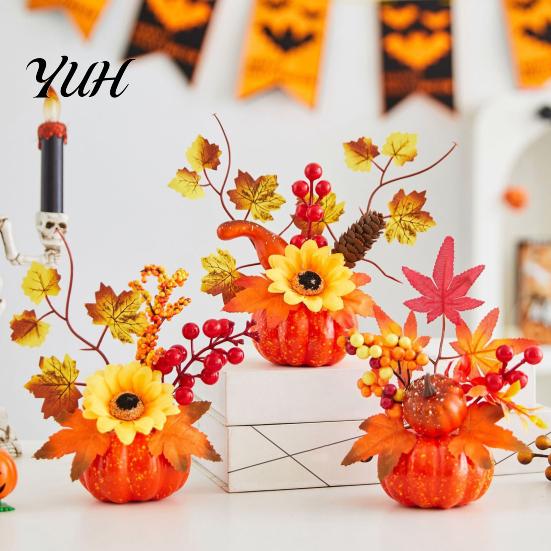 Reusable Festival Table Topper Fall Artificial Pumpkin Centerpiece, Autumn Fake Decoration with Sunflowers, Realistic Thanksgiving Props Maple Leaves