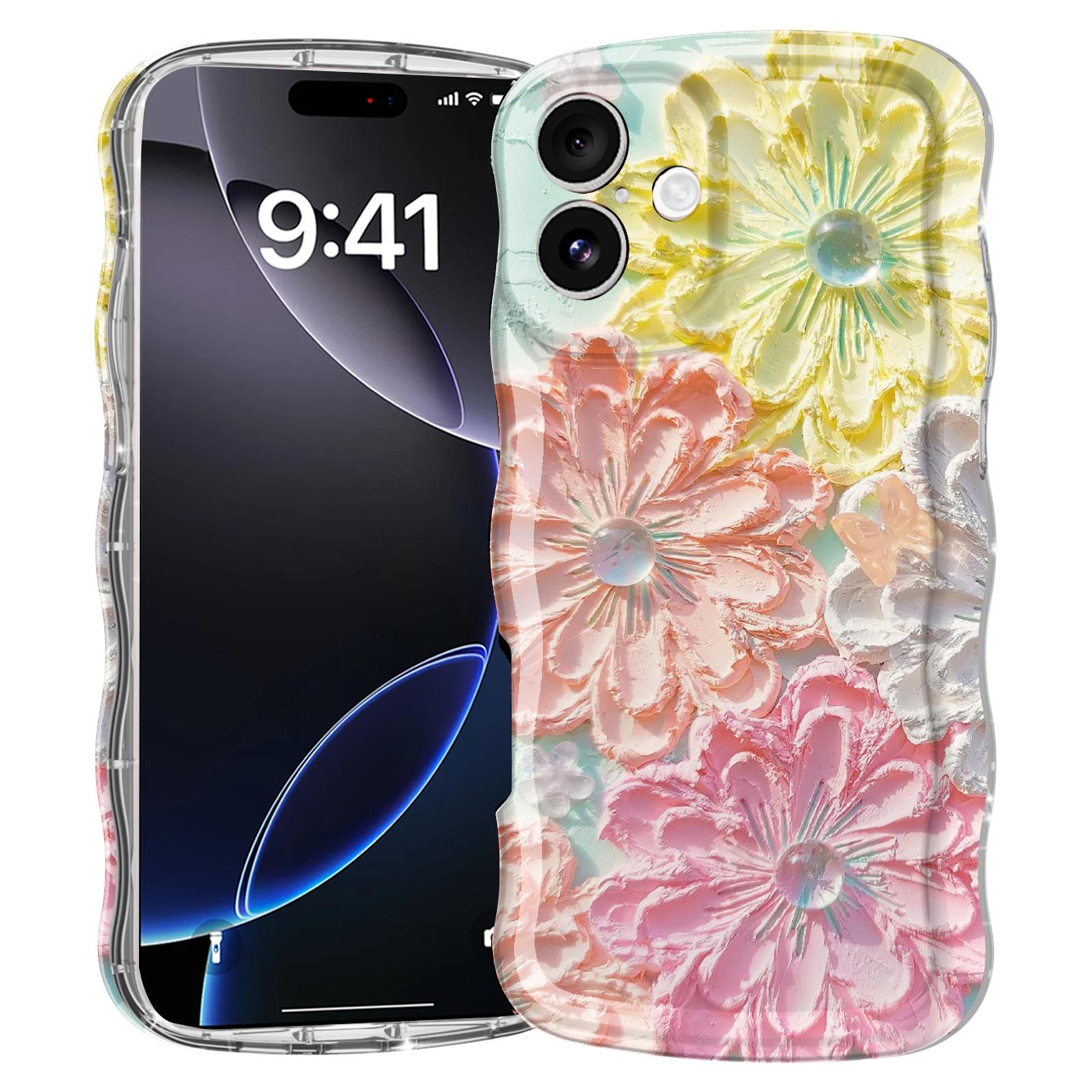 

For iPhone 16 Plus Case Curly Wave Frame Floral IMD TPU Phone Cover D