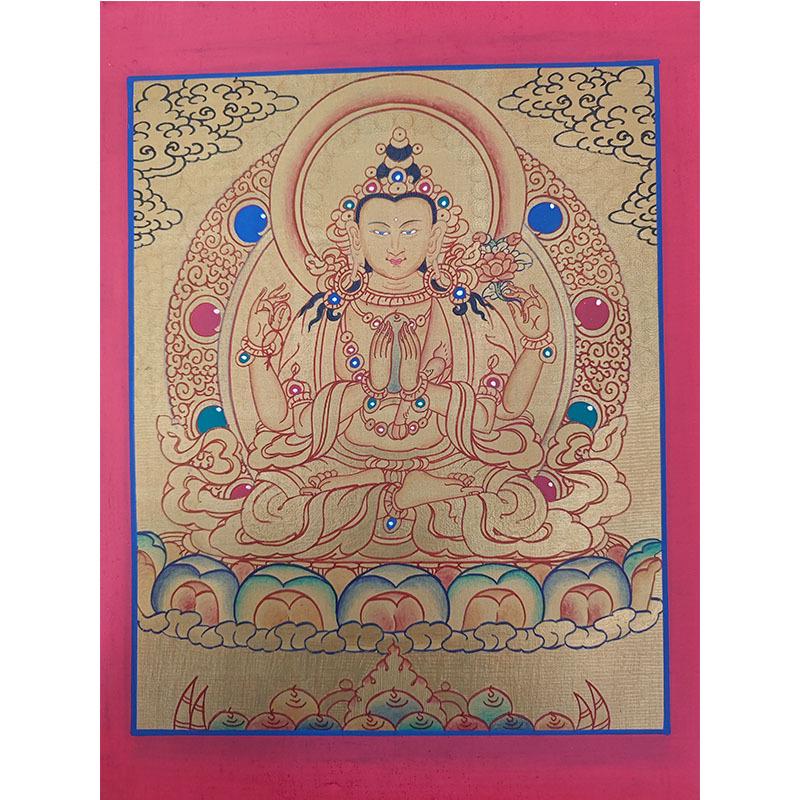 Hand-Painted Nepali Thangka: Yellow Dzambala, Green Tara, Manjushri, Samantabhadra, Medicine Buddha Wall Hanging