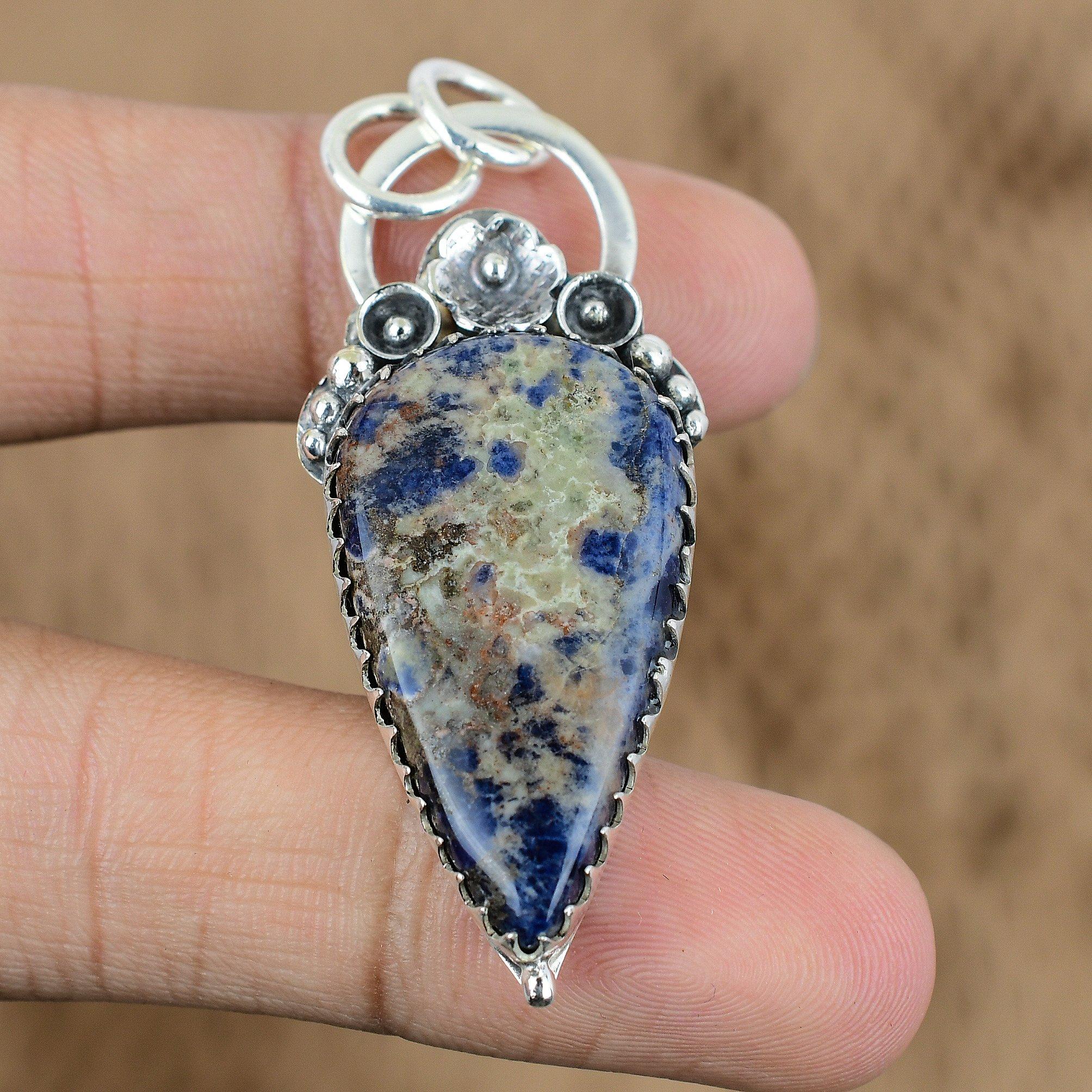 

Mothers day Deal Sodalite Gemstone Artisan Flower Pendant 925 Sterling Silver