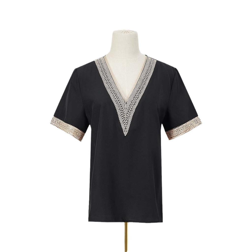 Summer Women's Lace Trim V-neck Short Sleeve T-shirt, European American Style Casual Tops For Women