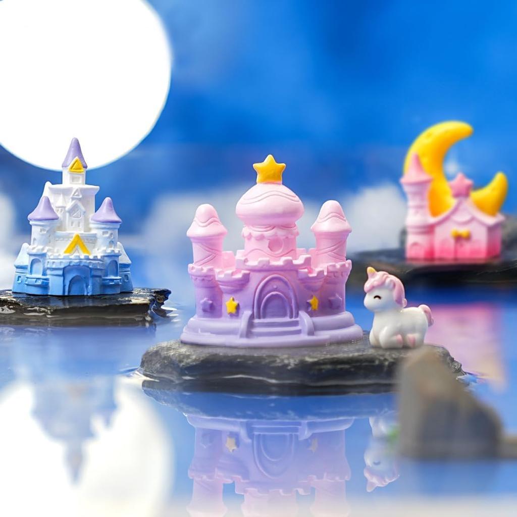Pinenjoy 6-teilige Harz-Traumschloss-Figur, Mini-Märchenschloss, Weihnachts-Schlossdekoration, Versteck für Waldgeister, Rosa Schloss, Europäischer Stil