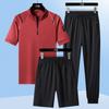 Large Size Summer Short Sleeved Casual Sports Suit Ice Silk Quick Drying T Men's Long Pants Stand Collar Loose Three Piece Set