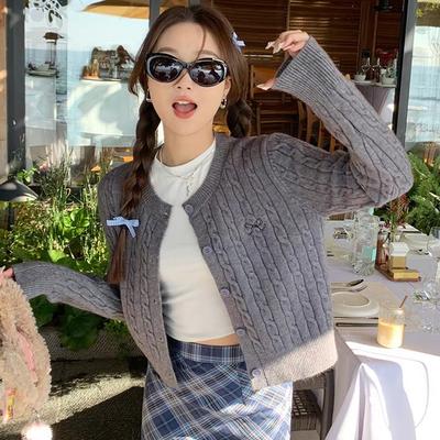 Preppy Style Cardigans Sweater Spring Autumn Thin Short Cardigan Women O-neck Solid Single Breasted Gray Cardigan Women Sweaters