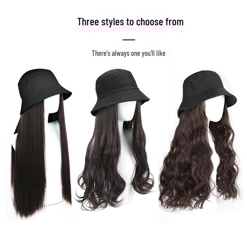 Chapéu Peruca Feminino: Chapéu Balde de Cabelo Liso Longo com Opção de Ondas Cacheadas para Início do Outono