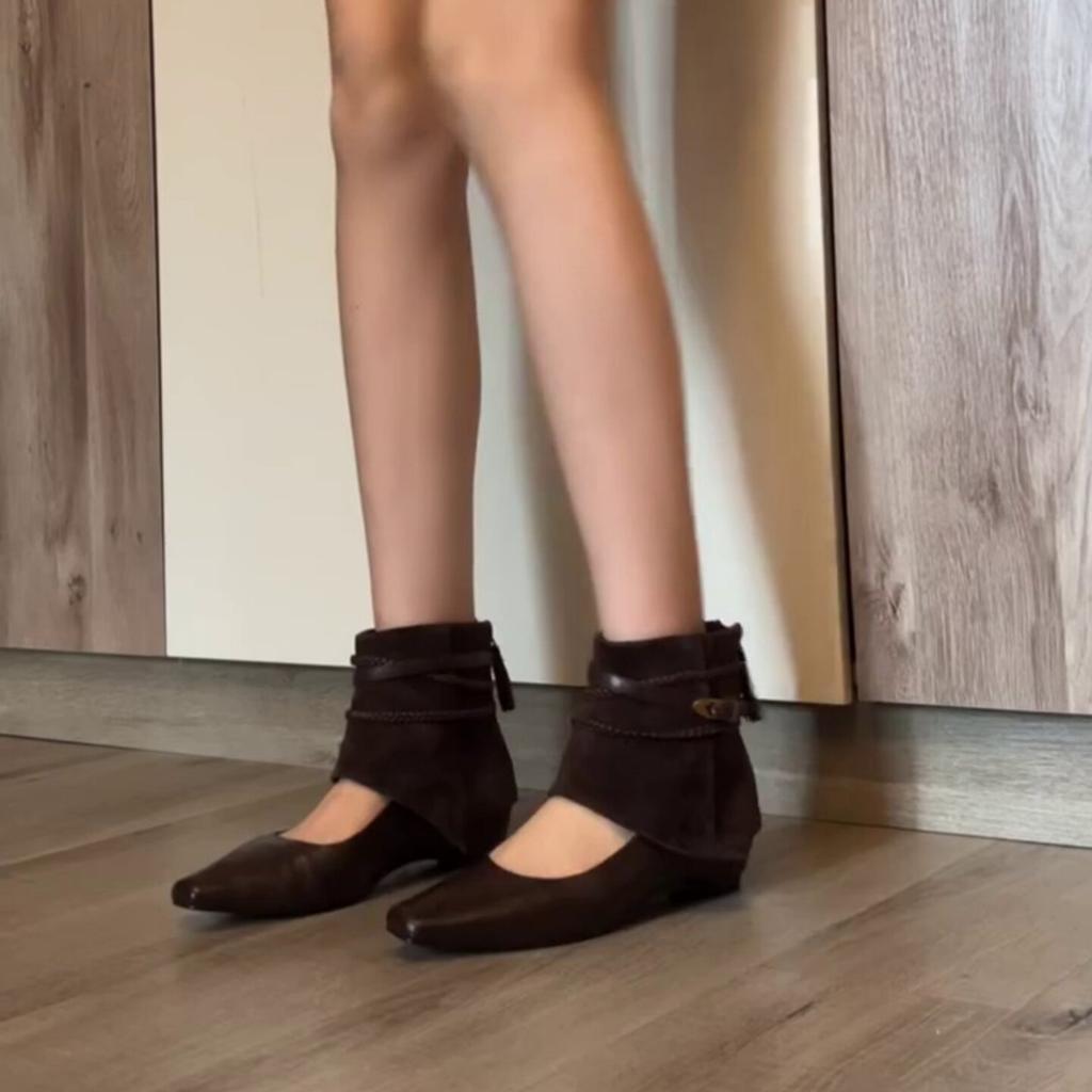 Soft leather version~ retro square head short boots woven winding belt rear zipper low heel Mary Jane cool boots women's hollow western boots