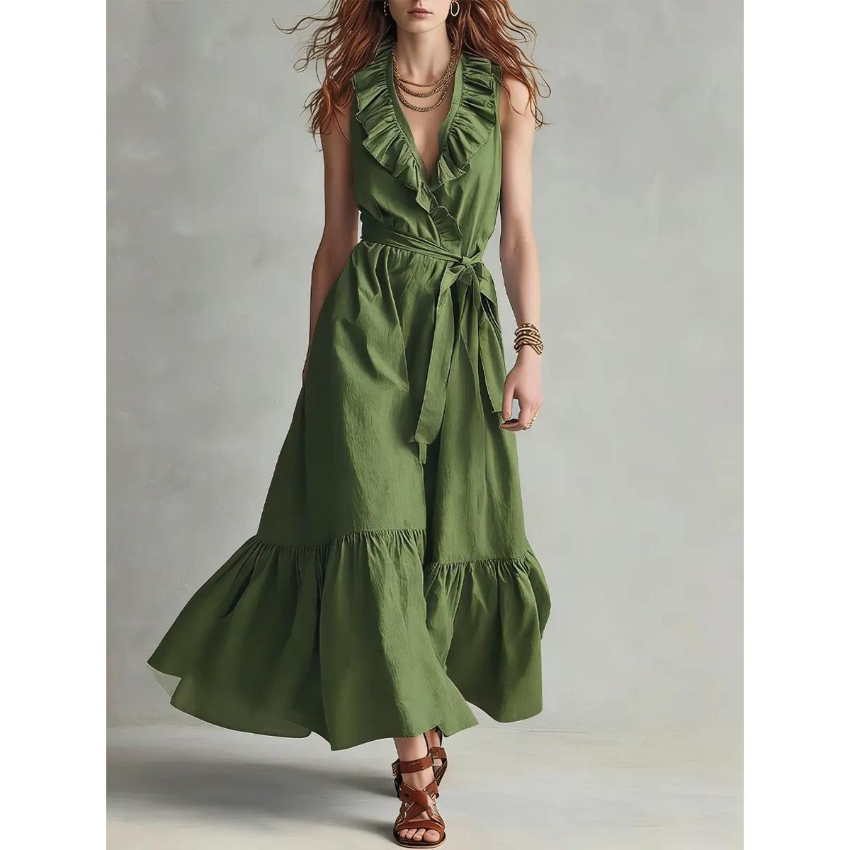 

New Fashion Solid Color V-neck Sleeveless Lace-up Patchwork Dress for Women, European American Style Casual Summer Dress for Cross-border Trade S армия зеленый