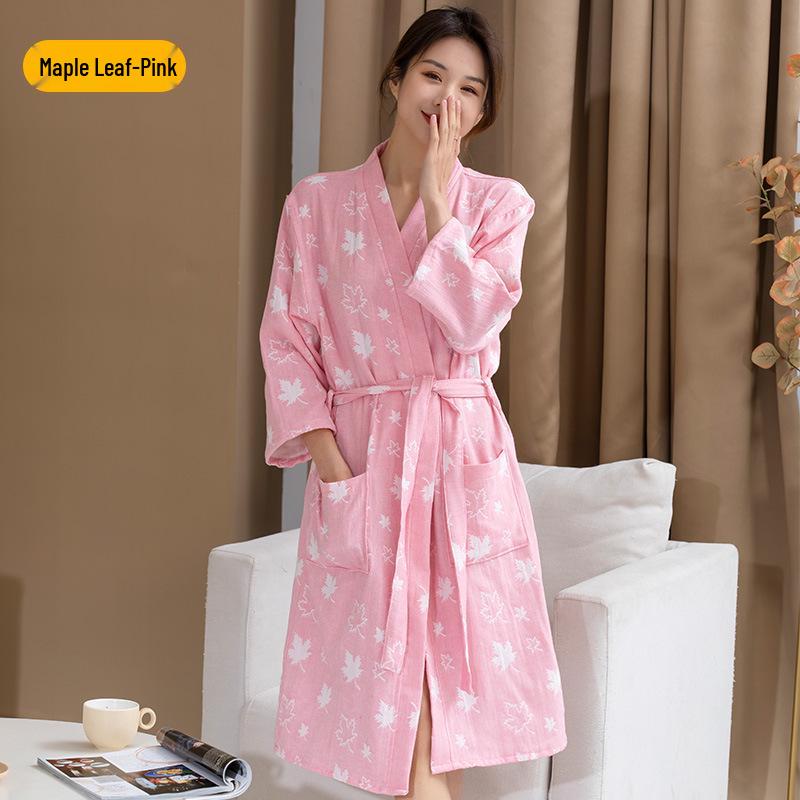 

Женский халат из чистого хлопка, двухслойной марли - Легкий, Быстросохнущий, Влаговпитывающий, Настраиваемый для весенне-летнего спа и ухода за кожей. X-Large