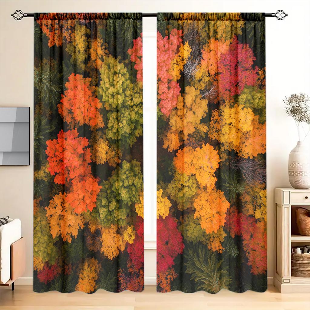2pcs Autumn Red Leaf Forest Printed Curtain for Home Decor - Rod Pocket Window Treatment for Bedroom, Office, Kitchen