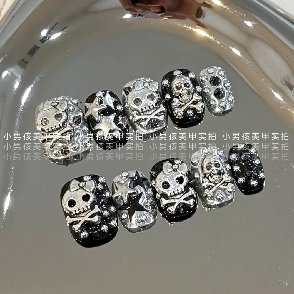 10Pcs Luxury Handmade Long Stiletto Press On Nails 3D Sparkling Diamond Bow Pearl Flower Full Cover Fake Nails
