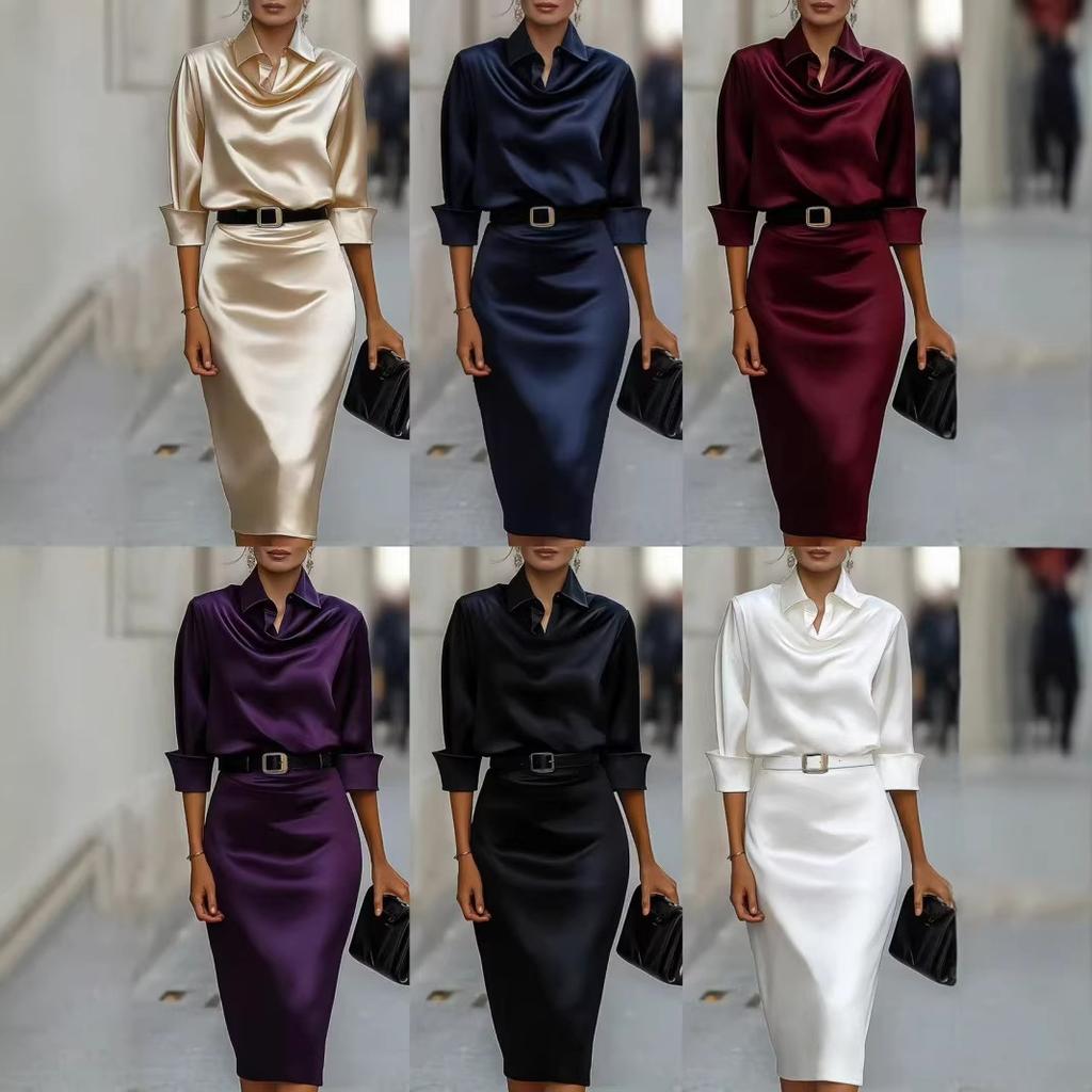 Vestido Midi de Satén Elegante para Mujer con Cuello de Pico y Manga Larga, Estrecho, de Cintura Media, Estilo Lápiz