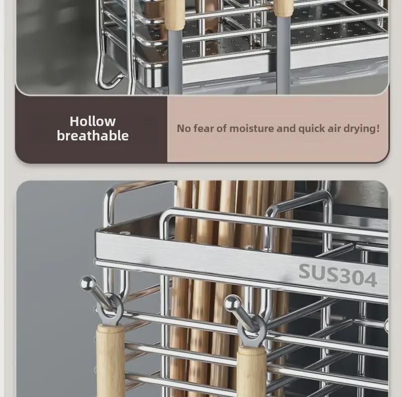 Wall-Mounted 304 Stainless Steel Chopsticks and Utensil Storage Rack