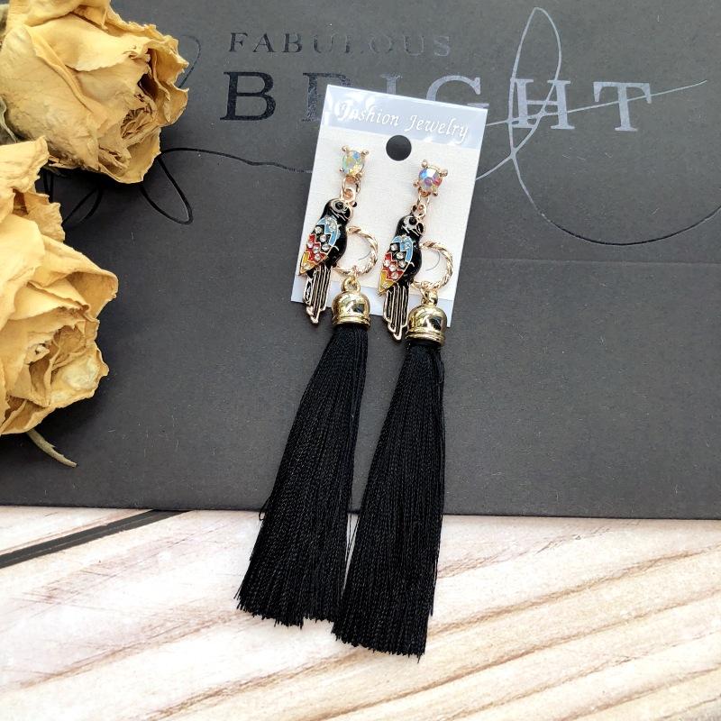 Retro parrot colored diamond fringed long stud earrings femininity versatile ethnic style fashion earrings bridal accessories