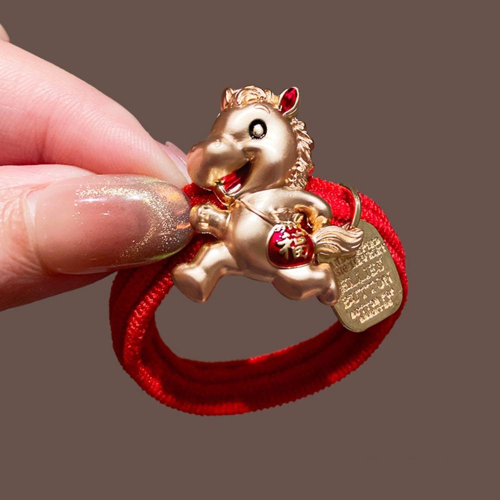 

2026 New Year Red Hair Rope Zinc Zinc Alloy Horse Year Rubber Band Cute Horse Year Hair Ring Girls Style 3