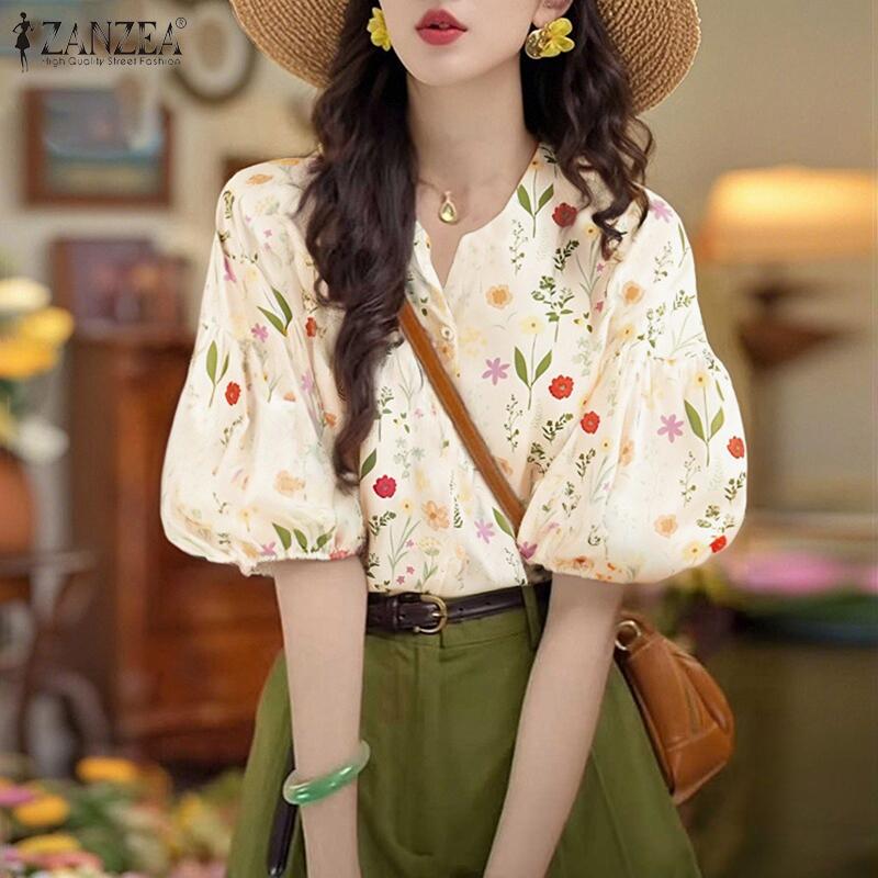 ZANZEA Women Casual V-Neck Summer Half Sleeve Floral Blouse