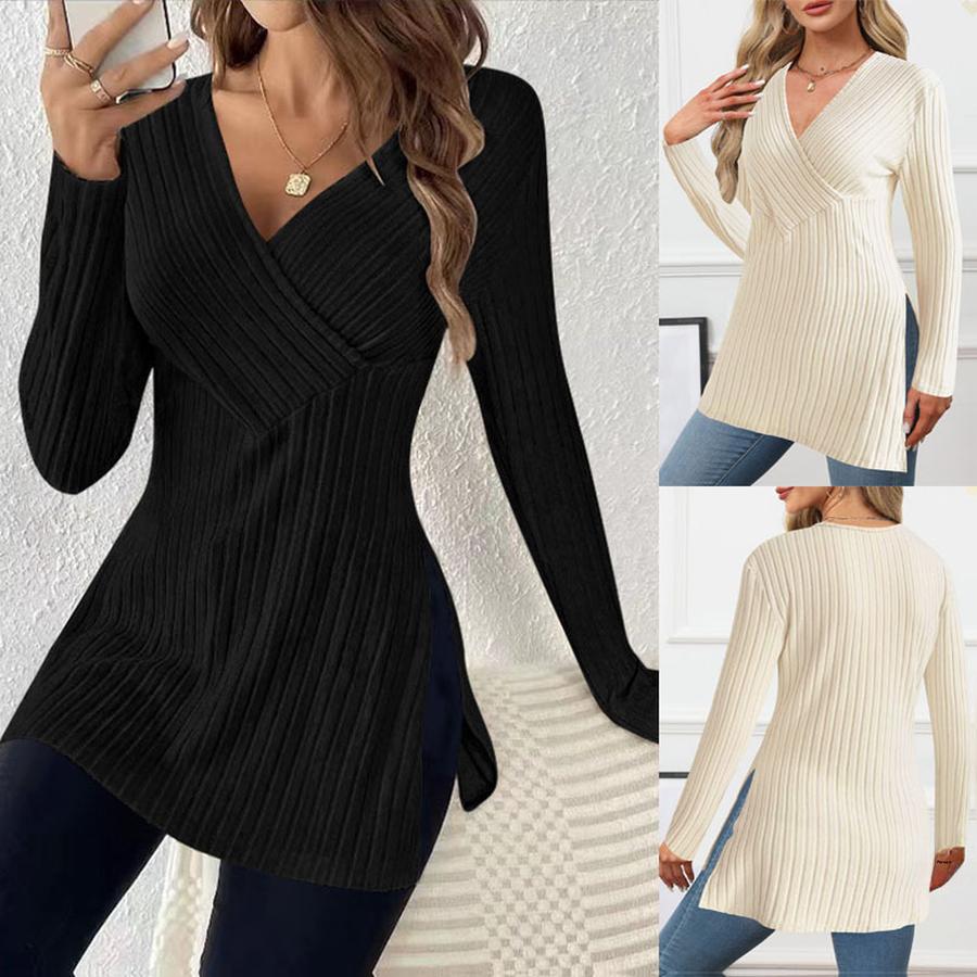 Plus Size Women's Fall New Long Sleeve Solid V-Neck Casual Home Top
