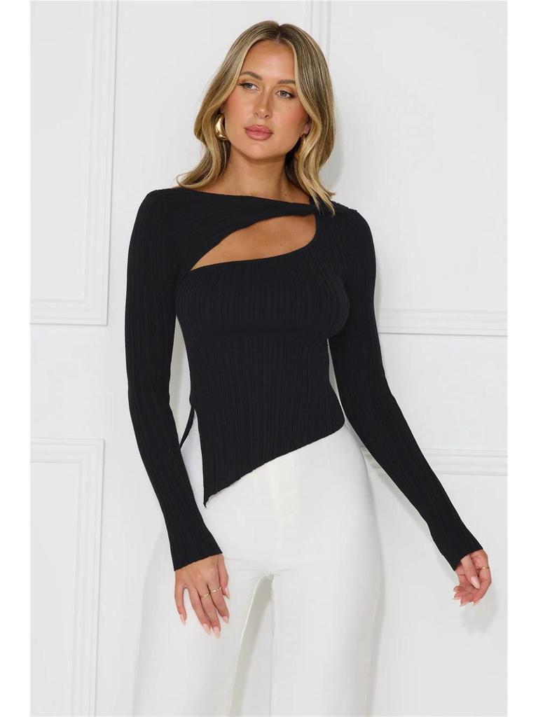 European Women's New Fashion Ribbed Slit T-shirt: Solid Color Autumn Winter Slim Casual Top