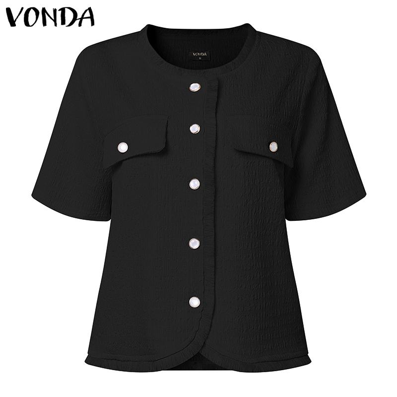 VONDA Elegant Women Short Sleeve Furry Hem Buttons Down Texture Casual Blouse