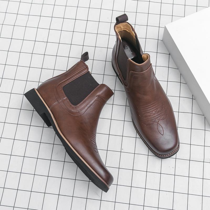 Men's Embroidered Leather Chelsea Cowboy Boots, Retro British Style, High-Top Slip-On, Short Winter Boots