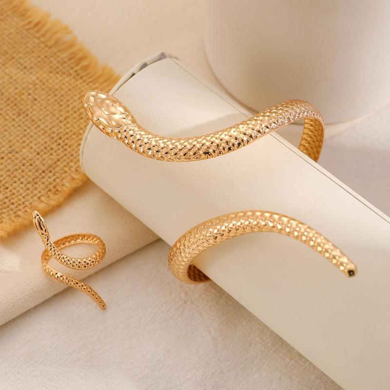 2-Piece Vintage Snake-Print Bracelet + Ring Set Unisex Punk Metal-Finish Adjustable Clasp Design Party Jewelry Accessories