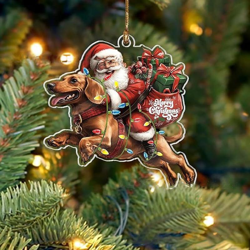 2026 Santa Claus And His Funny Dog Ornament 2D Flat Acrylic Pendant Christmas Decoration For Home Xmas Tree  Year Kerst