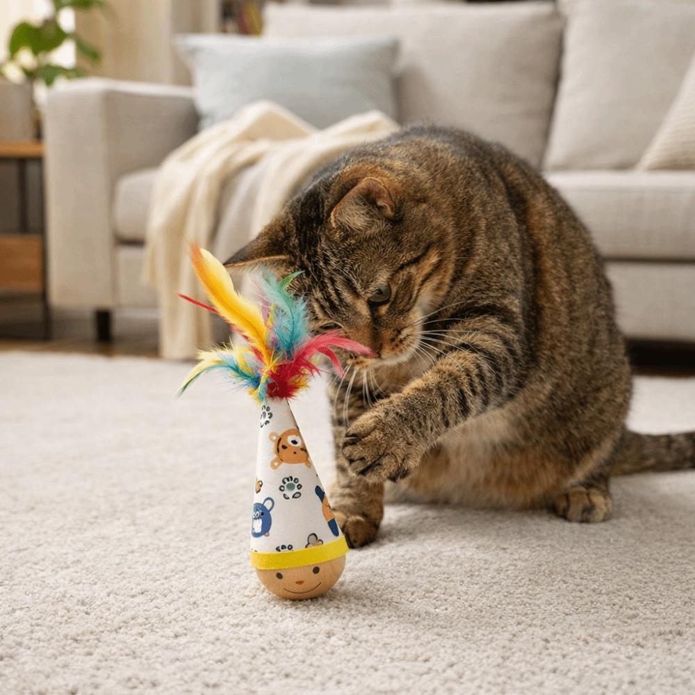 Cartoon Pattern Cat Tumbler Wobbler Wear-Resistant Bite-Resistant Kitten Wobble Ball with Feather Cat Interactive