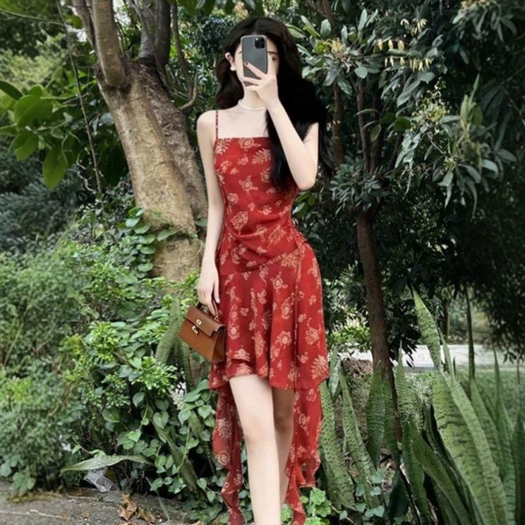 Red floral suspender dress women's new design sense ruffle leaf edge irregular waist smudge suspender skirt