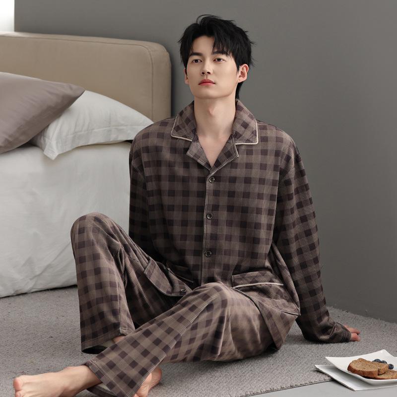 Pajamas Men'S Autumn And Winter Island Fleece Thickened Fleece Warm Coral Fleece Winter Plaid Thin Fleece Homewear Set