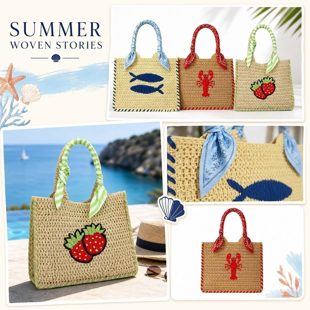 Handwoven Straw Tote Bag with Embroidered Fish Pattern and Wrapped Handles Suitable for Casual Everyday Use and Beach Outings