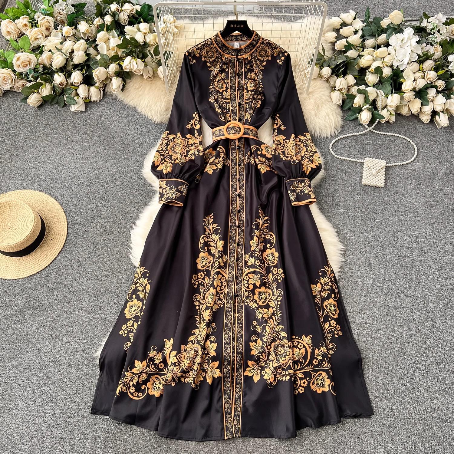 

Fashion Runway Red and White Porcelain Dress Women s Stand Long Lantern Sleeve Blue Floral Print Shirt Robe Vestidos XS чорний