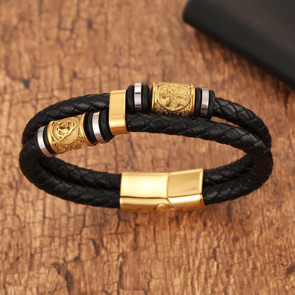 Pulseira Nórdica Viking de Couro Trançado com Duas Tiras em Ouro e Aço Inoxidável