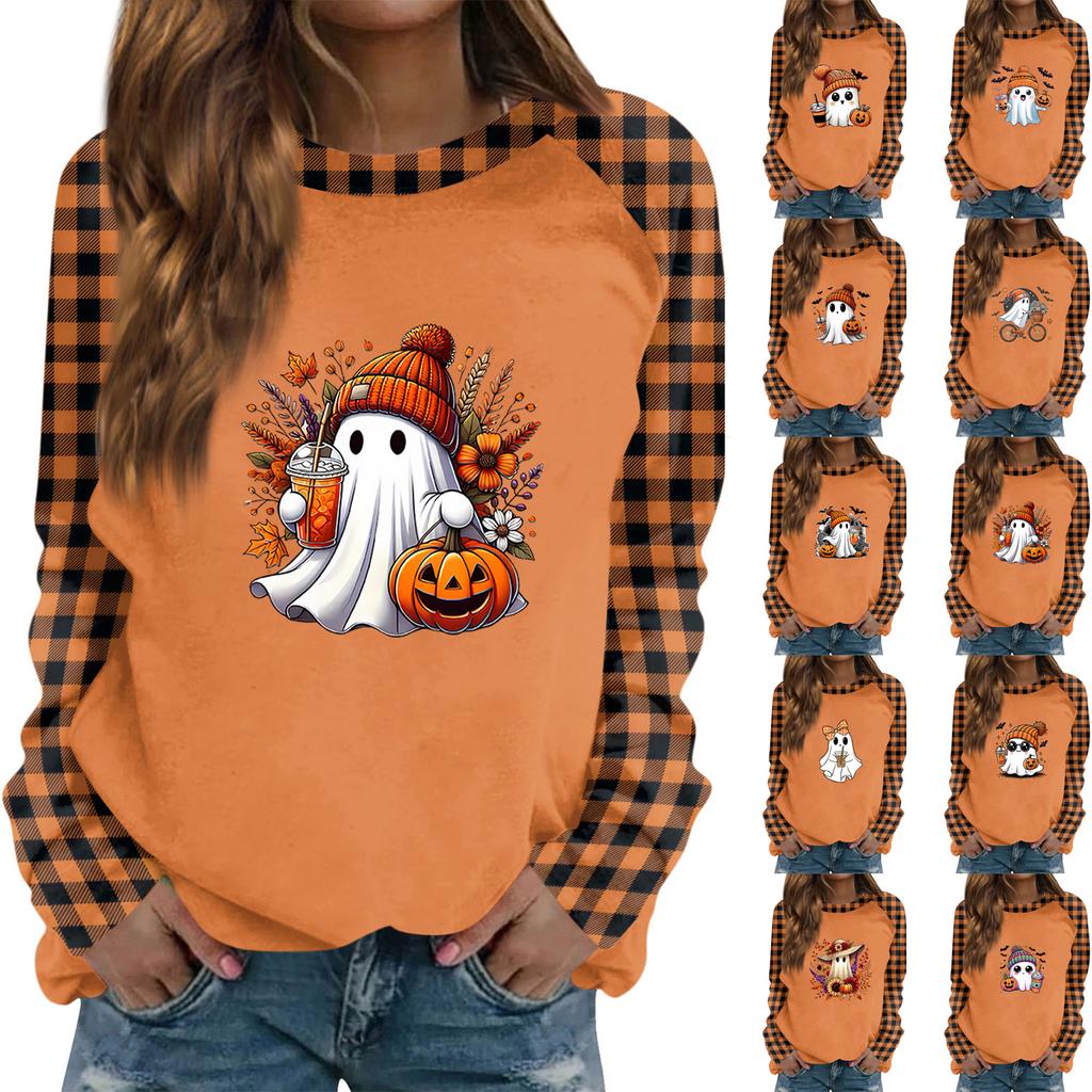Women's Casual Long Sleeve Top with Halloween Print Round Neck Blouse for Party and Daily Wear