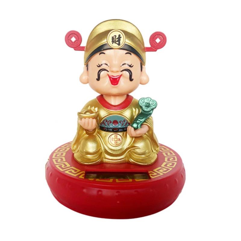 New Solar Powered God of Wealth Car Ornaments Chinese Style Nodding Lucky Wealth Statue Fits Home Store Car Decor Supplies Gift