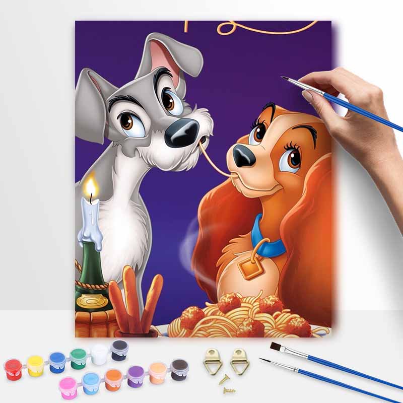Disney Lady and The Tramp Oil Art Painting Kit Home Wall Decor Handmade Gift for Valentine Romantic Couples Lovers DIY Art Activity