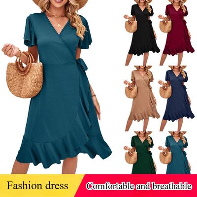 Summer Ladies European and American Sexy Cross V-neck Short-sleeved Lace-up Dress Irregular Tight Skirt