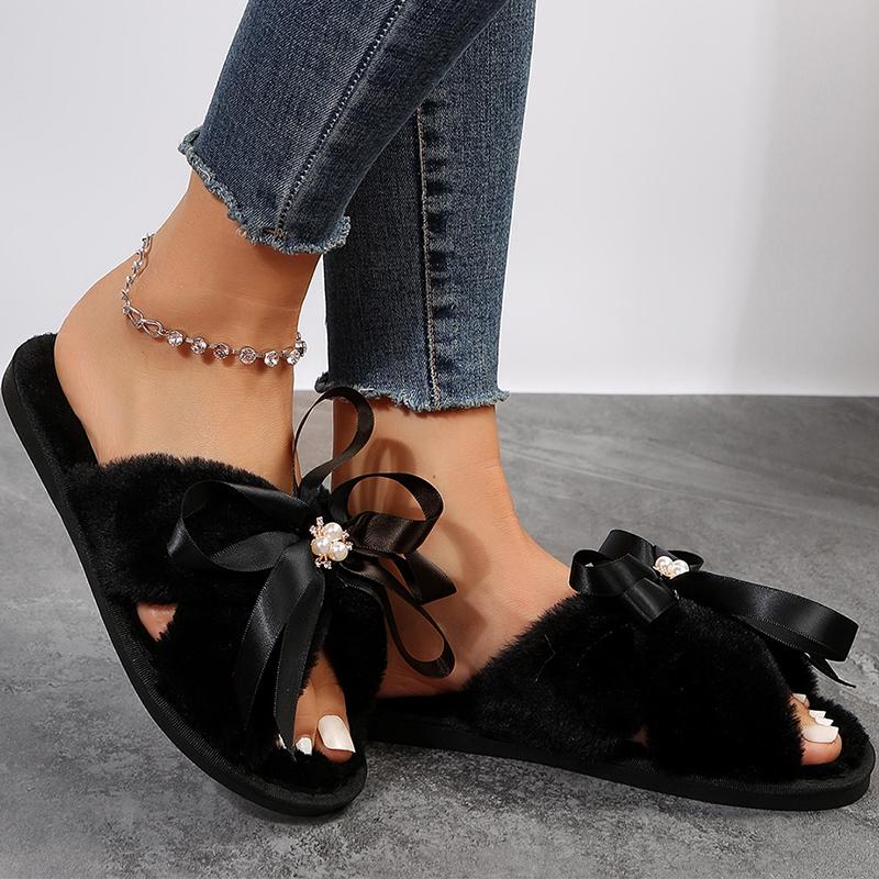 

Модные меховые тапочки с перекрестными ремешками Женские Зимние 2025 Модные Хлопковые тапочки на шнуровке с жемчугом Женские Слипоны Нескользящие Плюшевые Слайды Женские 36 хаки