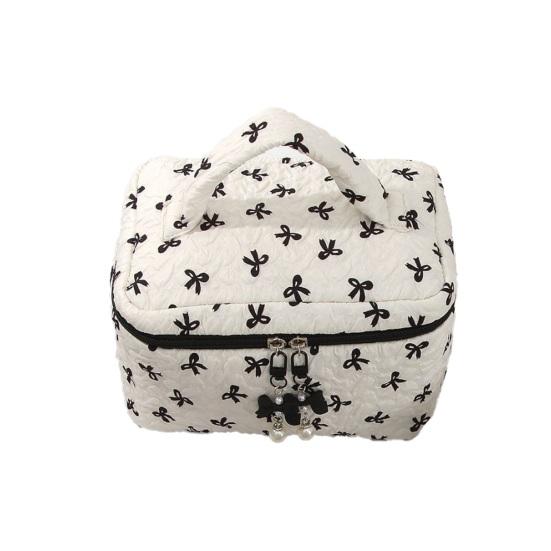 

Quilted Makeup Pouch Cute Bow Travel Cosmetic Organizer with Zipper Cotton Puffy Aesthetic Toiletry Bag for Women Girls L белый