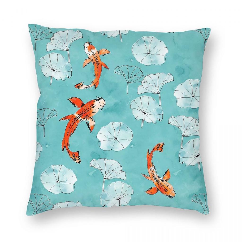 Waterlily Koi In Turquoise Square Pillowcase Polyester Linen Velvet Creative Zip Decorative Home Cushion Cover