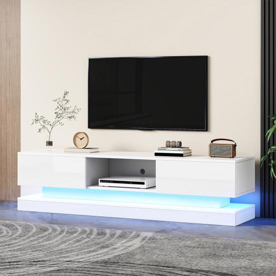 TV Media Cabinet, White High-Gloss TV Cabinet with LED Light, 2 Drawers, App Control, Anti-Tilt Design, for 60-Inch TV