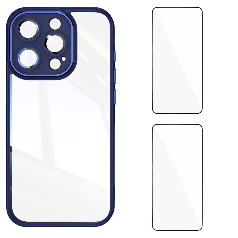 

For iPhone 16 Pro TPU Case WANLONFENG Drop-proof Clear Phone Cover with 2Pcs Tempered Glass Film Blue