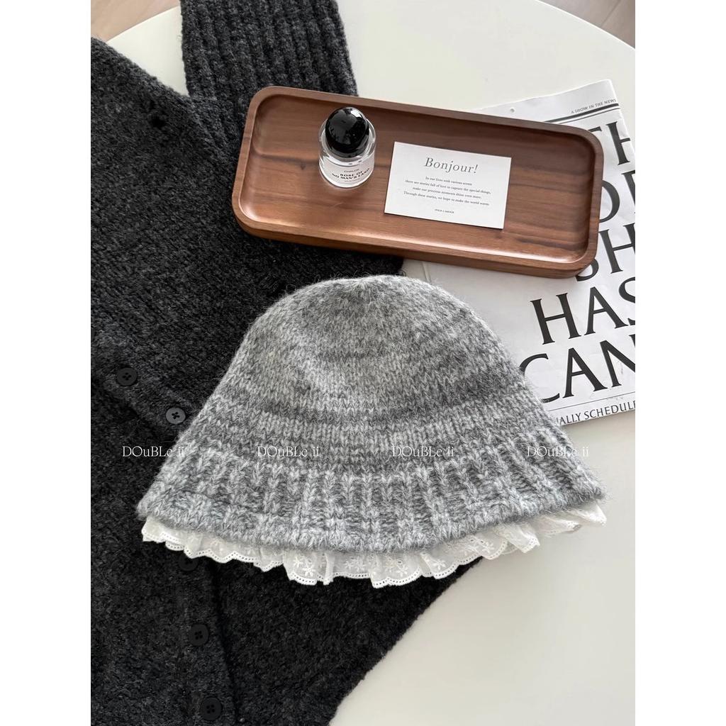Lazy wind lace knitted bucket hat women's autumn and winter versatile thermal basin hat showing face small wool hat
