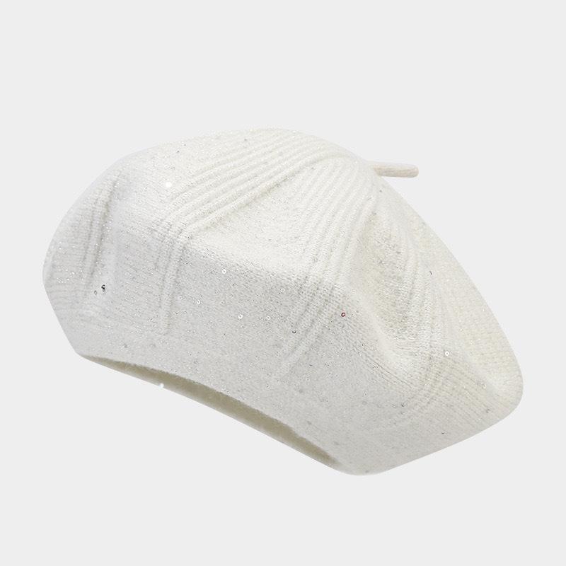 Knitted Sequined Beret for Autumn Winter Fashionable Woolen Hat for Women Versatile Artist Hat