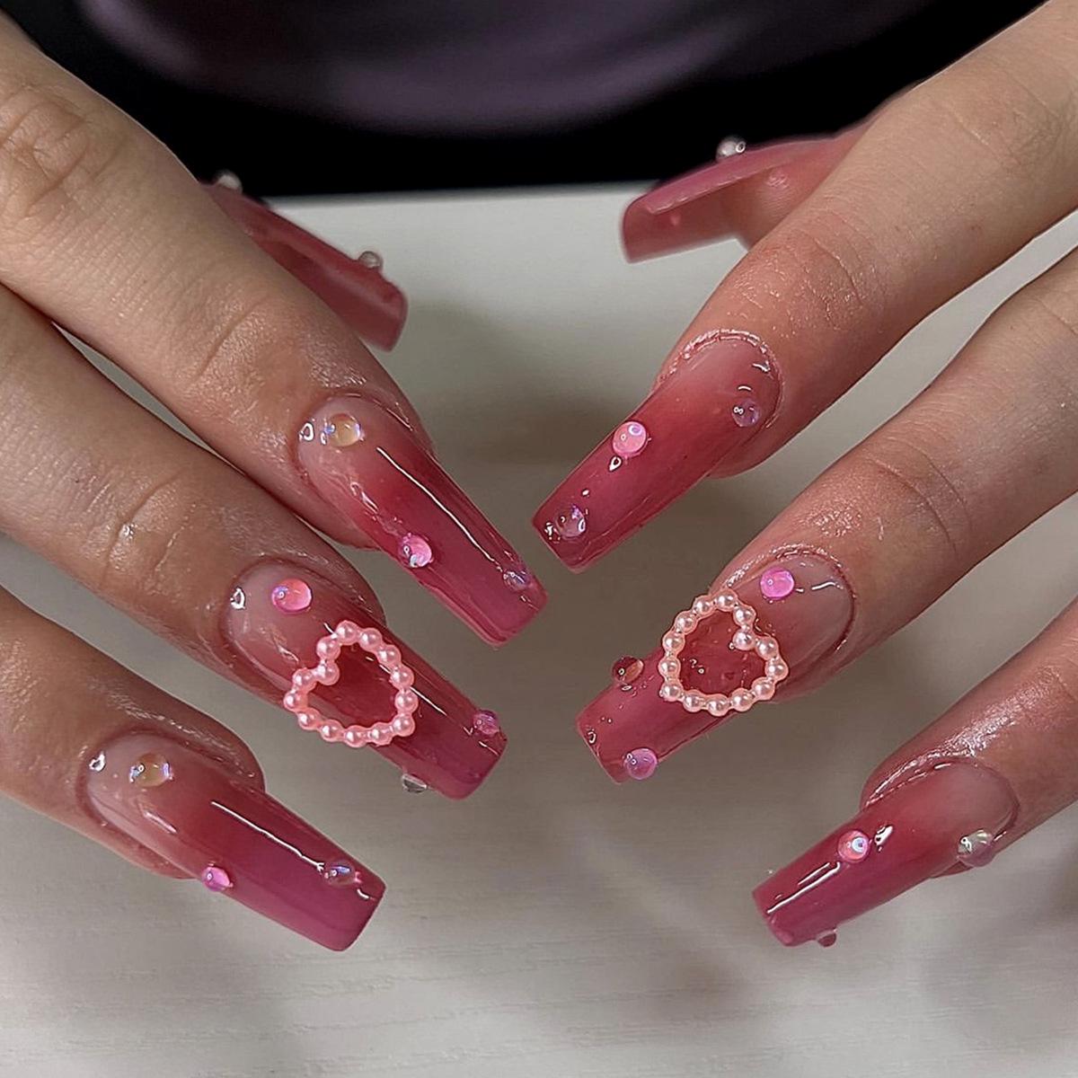 

Gradient Blush Trapezoidal Rhinestone Nail Tips with Heart Design