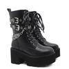 Hochwertige Leder Gothic Schwarze Stiefel Damen Absatz Sexy Kette Blockabsatz Plateaustiefel Damen Punk Style Stiefeletten Reißverschluss
