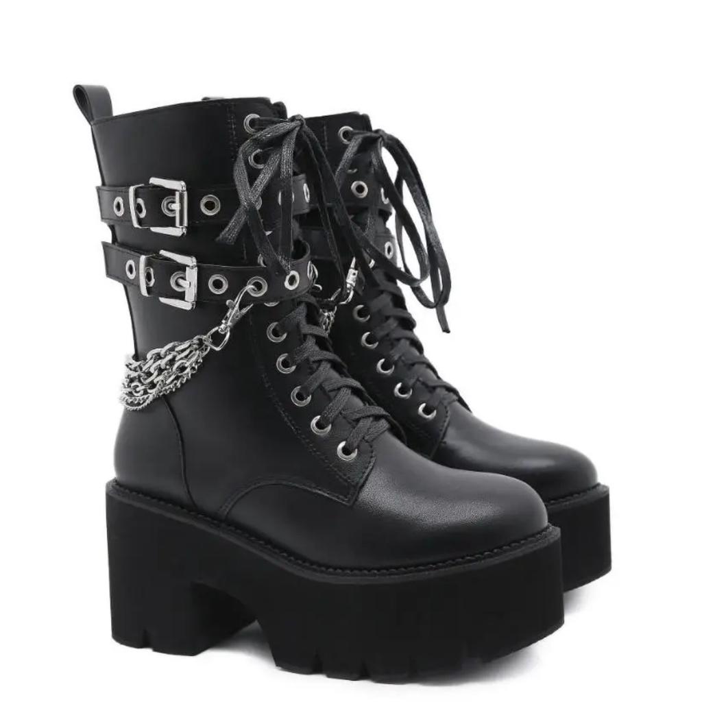 Hochwertige Leder Gothic Schwarze Stiefel Damen Absatz Sexy Kette Blockabsatz Plateaustiefel Damen Punk Style Stiefeletten Reißverschluss
