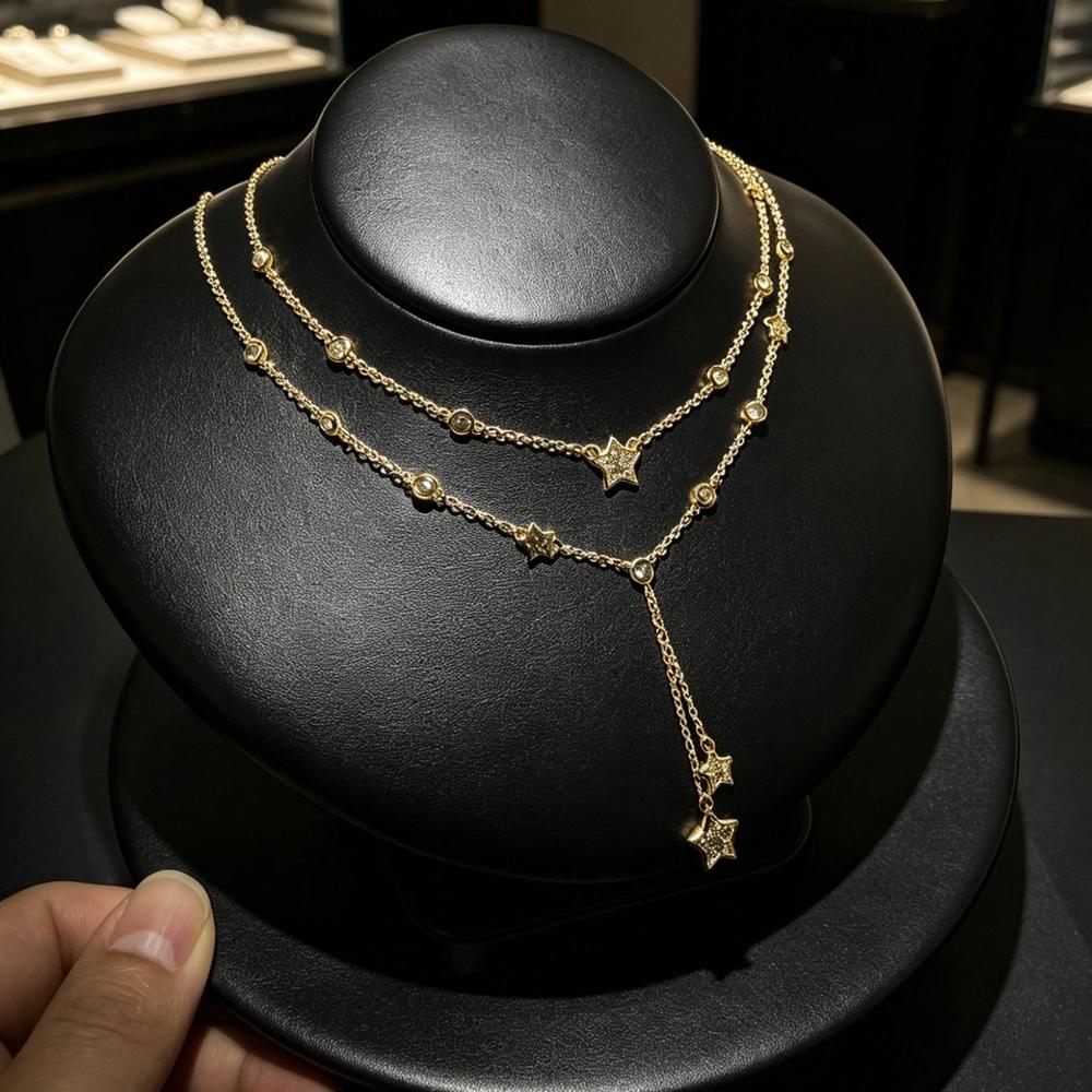 2026 New Design Thin Chain Link Star Choker Necklace Paved Iced Out CZ Zircon Tassel Chain Dangle Small Star Lariat Necklace Set