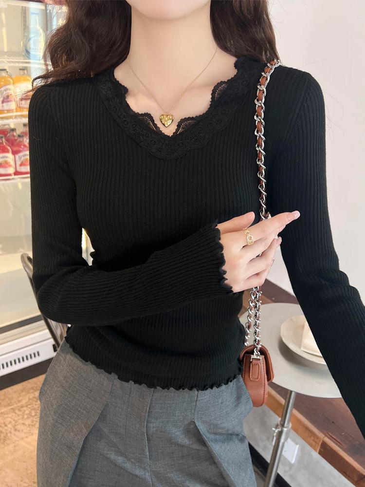 Fashion V Neck Lace Splice Knitted Bottoming Shirt Women's Elegant Casual New Slim Fitting Top Elegant Solid Color Sweet Long Sleeve Clothing