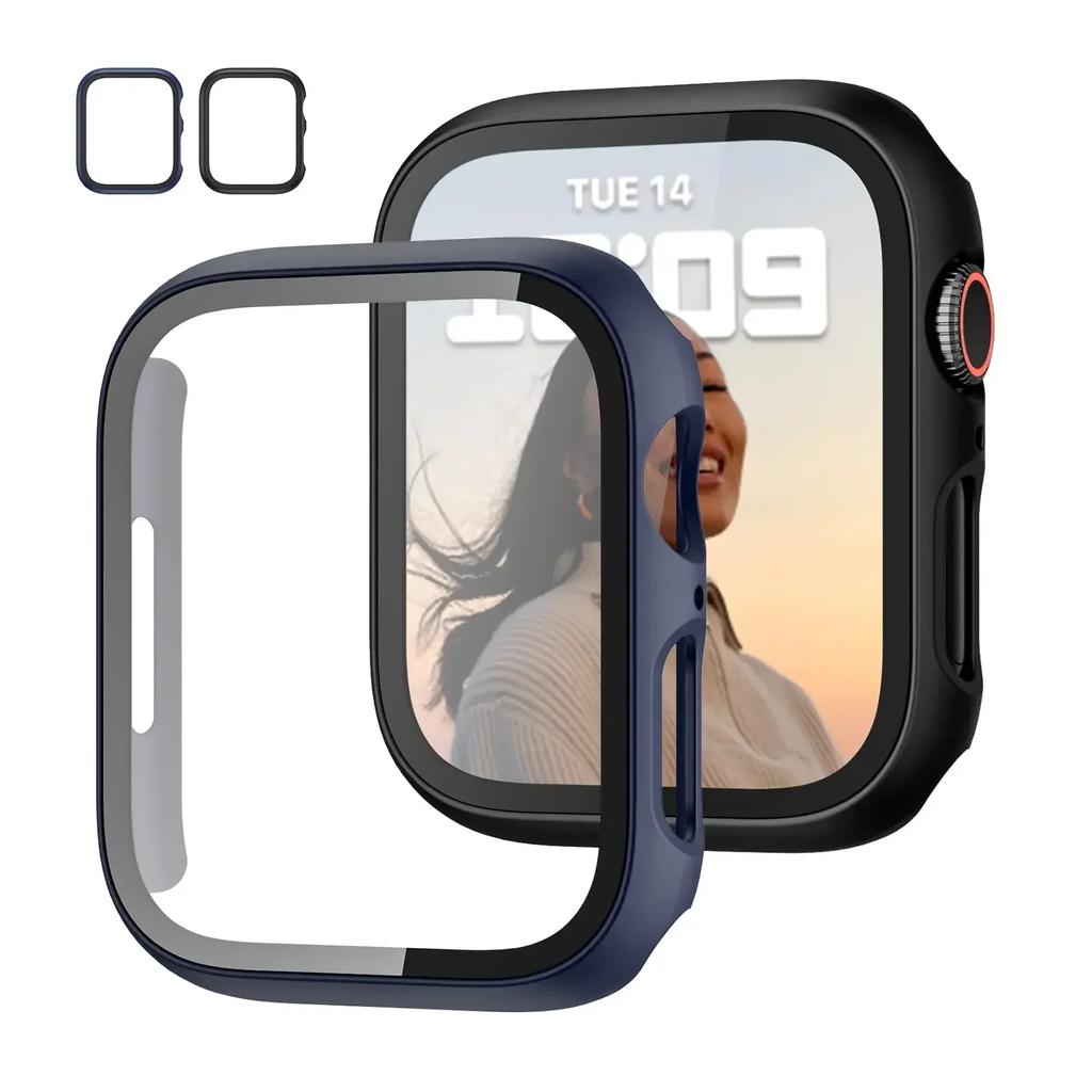 2PCS Tempered Glass+cover For Watch Case 44mm 40mm 42mm 41mm 45mm PC bumper Screen Protector iWatch series 9 8 7 6 5 3 se